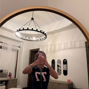 Subdued Women's Navy Blue and Pink Graphic Baby Tee